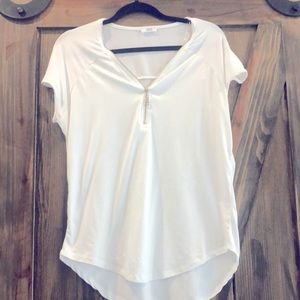 White V Neck T-shirt with gold zipper